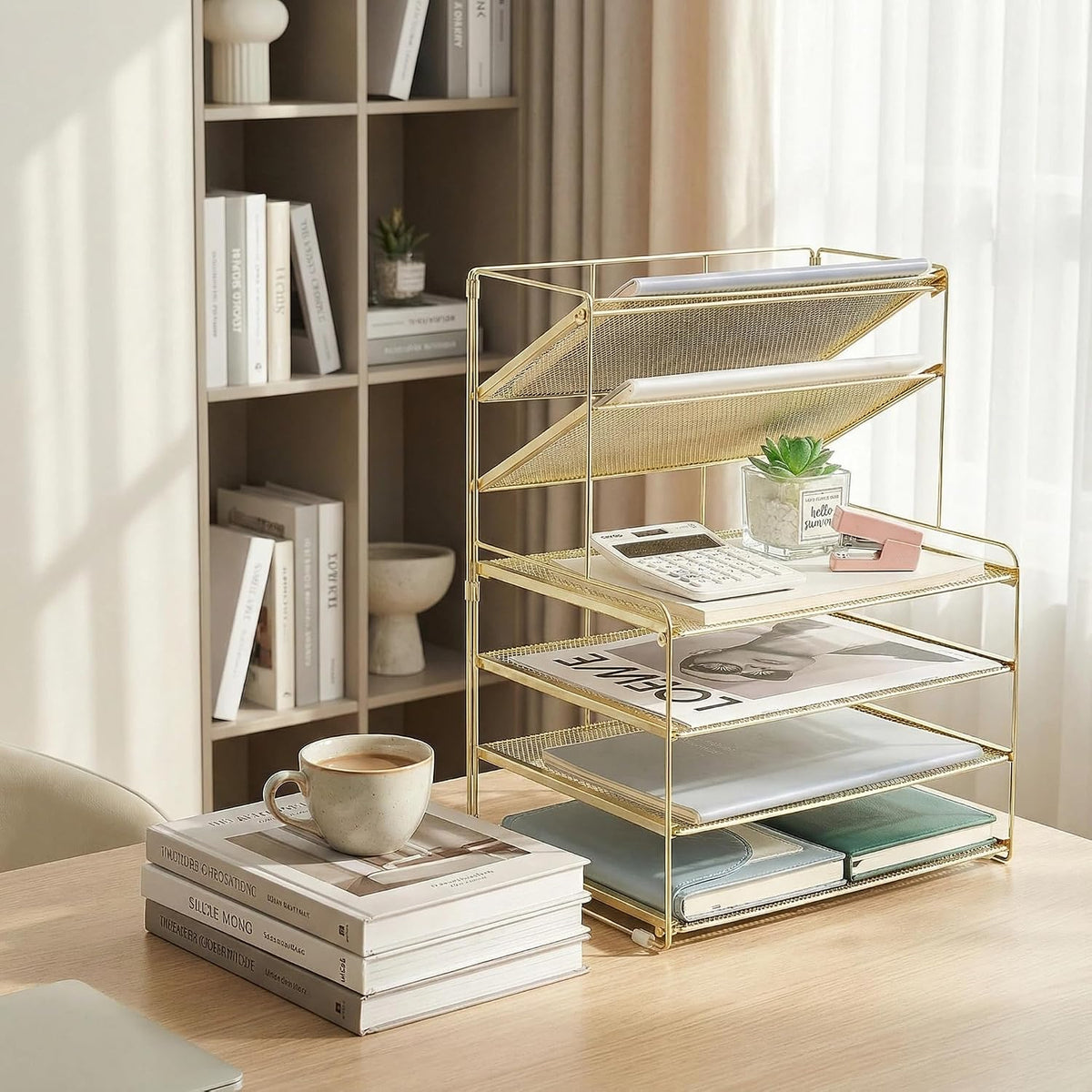 OPNICE Desk Organizer, 6-Tier Paper Organizer Letter Tray, Gold