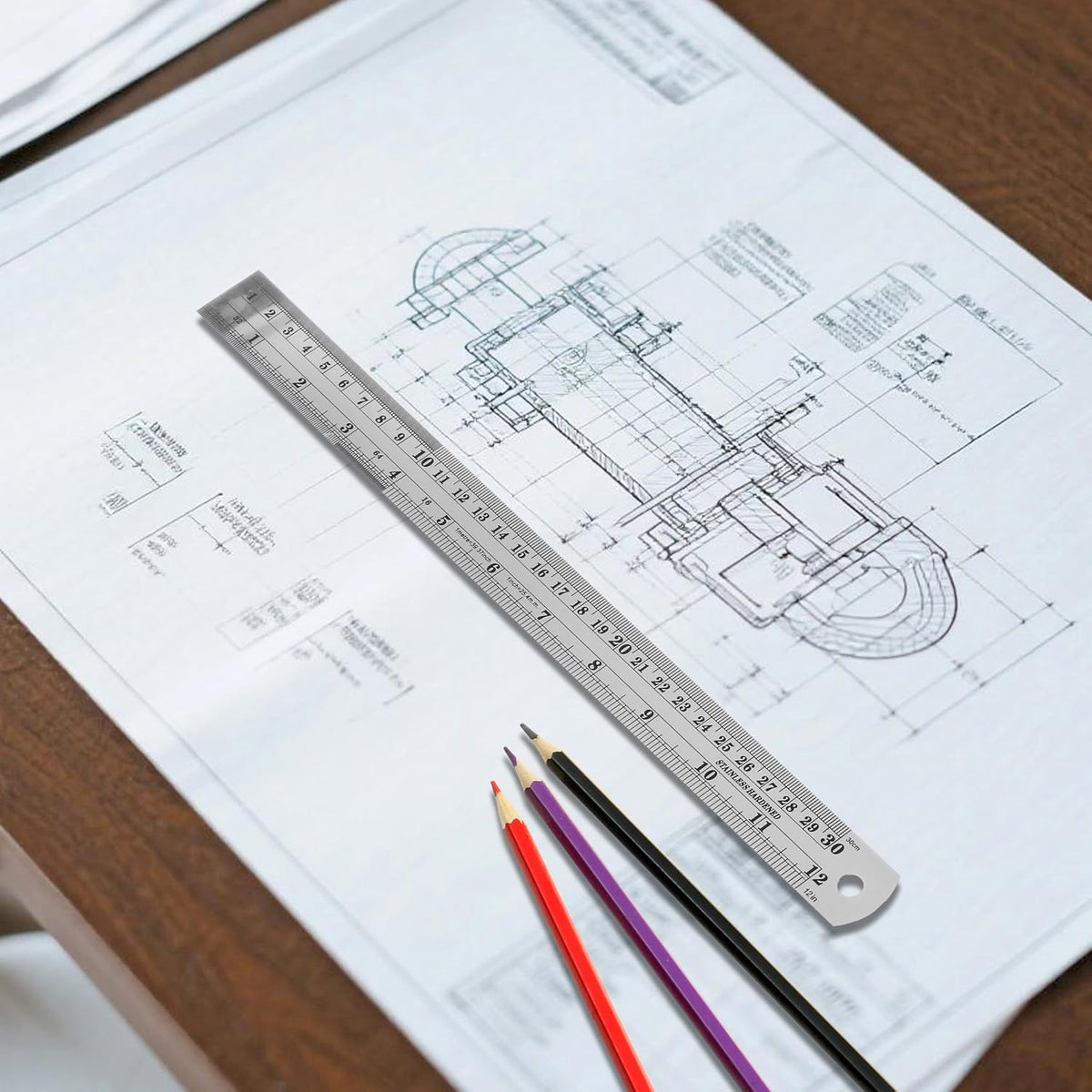 3PCS 12 Inch Metal Ruler,Stainless Steel Rulers with Inch and Metric Graduations ，Suitable for Engineering Drawings and Offices Family