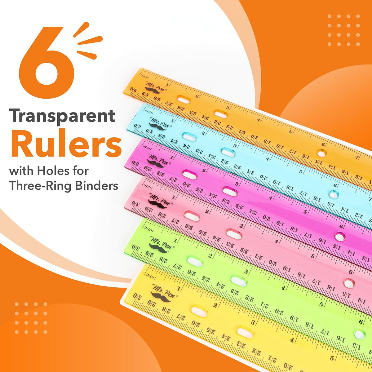 Mr. Pen- Transparent Rulers with Holes for Three-Ring Binders, 12", 6 Pack