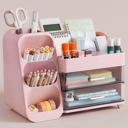 HBlife Desk Organizer with Pen Pencil Holder for Desk, Pen Organizer with 2 Drawers, Desk Organizers and Accessories with 4 Compartments, Desktop Storage for Office Home School Art Supplies, White