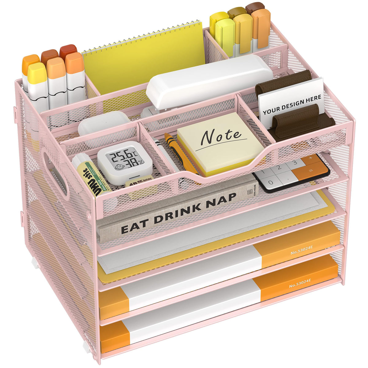 5 Tier Paper Letter Tray Desk Organizer with Pen Holders - Black