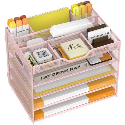 5 Tier Paper Letter Tray Desk Organizer with Pen Holders - Black