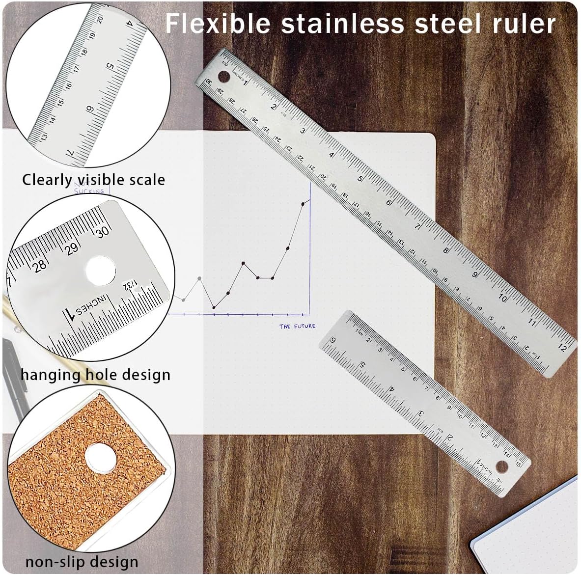 12 Inch Metal Ruler Stainless Steel Metal Ruler with Cork Backing, Non-Slip Rulers with Inch and Centimeters, Straight Edge Cork Base Rulers for Student School Office Drafting Tools