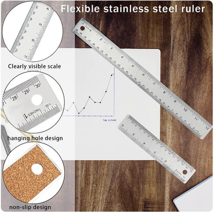 12 Inch Metal Ruler Stainless Steel Metal Ruler with Cork Backing, Non-Slip Rulers with Inch and Centimeters, Straight Edge Cork Base Rulers for Student School Office Drafting Tools