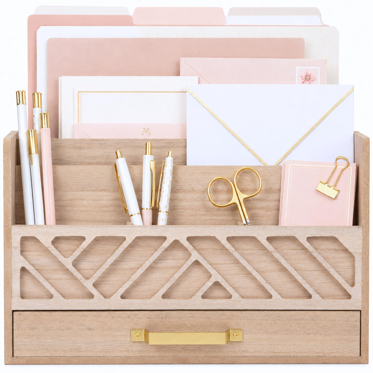 BLU MONACO | Wooden Mail Organizer with Drawer | Mail Organizer Countertop with 6 Compartments | Bill Holder for Desk | White Desktop Mail Sorter
