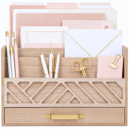 BLU MONACO | Wooden Mail Organizer with Drawer | Mail Organizer Countertop with 6 Compartments | Bill Holder for Desk | White Desktop Mail Sorter