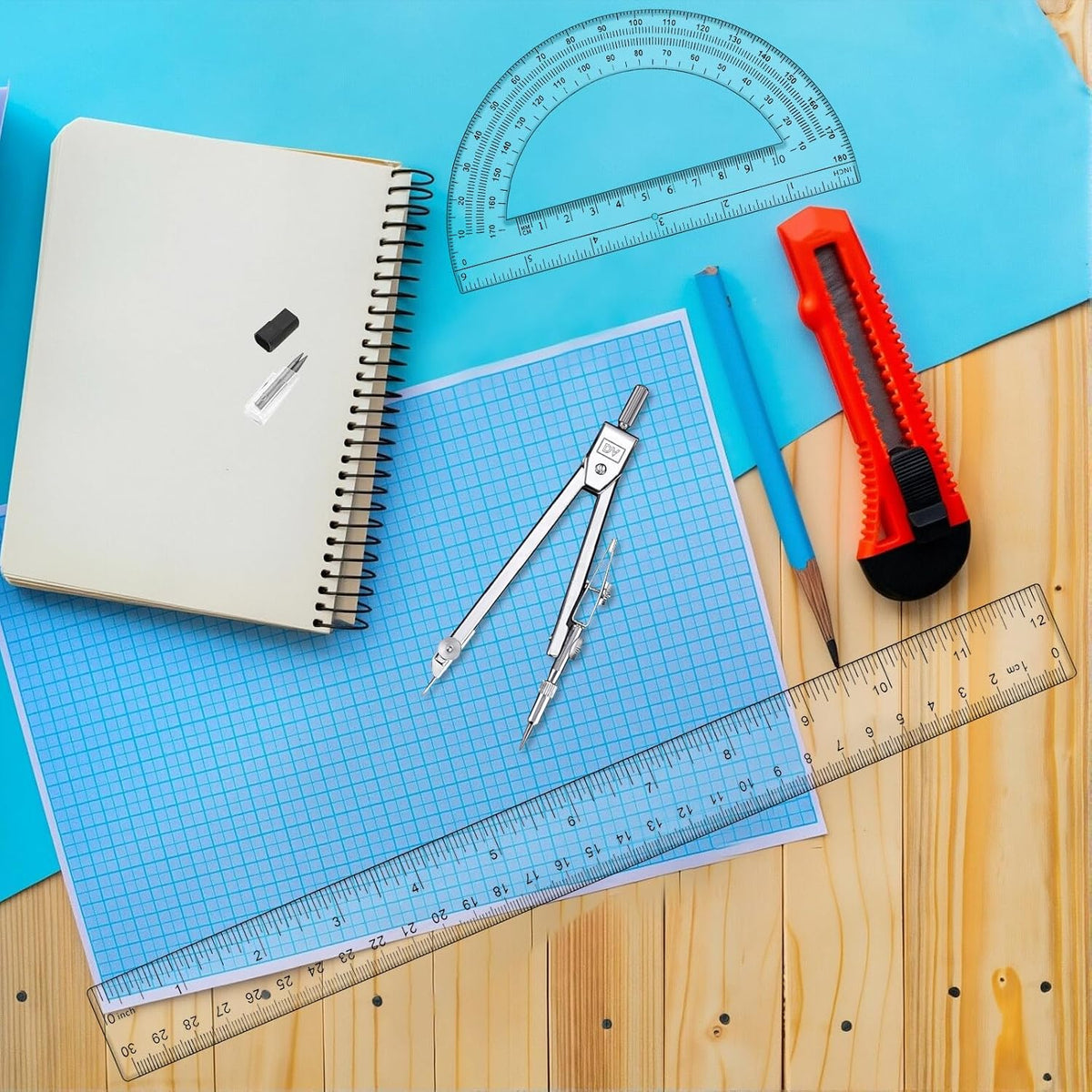 3 Pcs Clear Protractor and Compasses Set, Plastic Clear Ruler 12 Inch