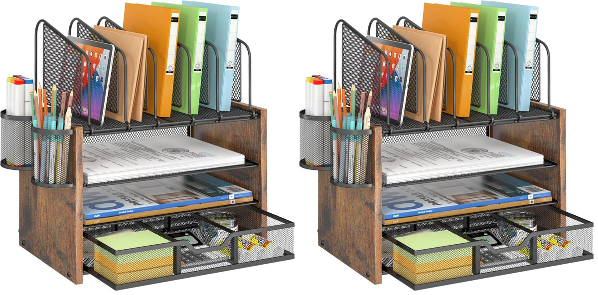 DAOUTIME 4-Tier Mesh Desk Organizer, Wooden Desk File Organizer with 5 Vertical File Holders and 2 Pen Holders, Desktop Organizers and Accessories with Drawer for Home Office