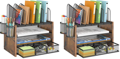 DAOUTIME 4-Tier Mesh Desk Organizer, Wooden Desk File Organizer with 5 Vertical File Holders and 2 Pen Holders, Desktop Organizers and Accessories with Drawer for Home Office