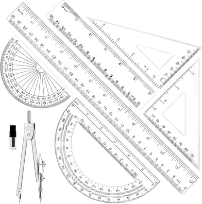 7Pcs Geometry Set-Clear Plastic Rulers,Triangle Ruler,Protractor,Compass