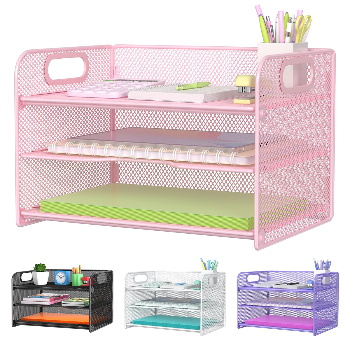 Samstar 3 Tier Letter Tray Paper Organizer with Handle, Mesh Desk Organizer Paper Sorter File Rack Shelves, Black