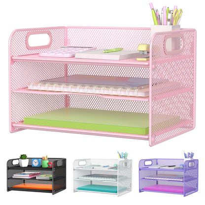 Samstar 3 Tier Letter Tray Paper Organizer with Handle, Mesh Desk Organizer Paper Sorter File Rack Shelves, Black