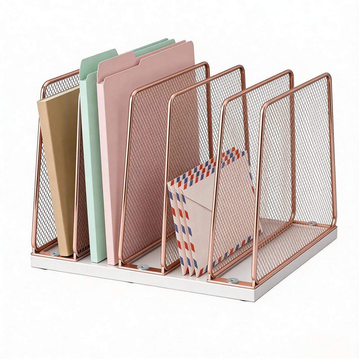 LEKETREE Gold Desk File Organizer, 5-Section Upright File Sorter, Vertical File Folder Holder, Mesh Metal Wood Office Desk Organizer for Document, Magazine, Books and more (White and Gold)