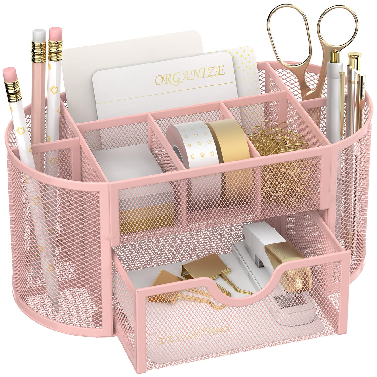 Mesh Desk Organizer with Drawer, 9-Compartment Pen Holder for Desk, Black
