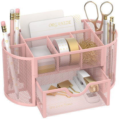 Mesh Desk Organizer with Drawer, 9-Compartment Pen Holder for Desk, Black