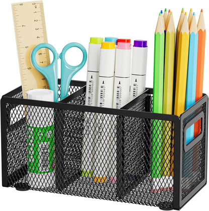 Marbrasse Mesh Pen Holder for Desk, Pencil Holder Desk Organizer 3 Adjustable Compartments, Pencil Cup with Handle Perfect for Classroom, Office, Home, Makeup, Art (Black)