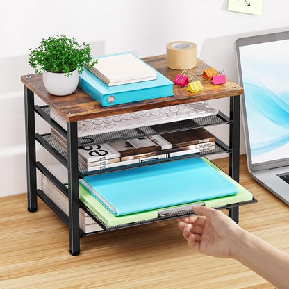 Marbrasse Wooden Desk Organizer, 5 Tier Paper Organizer Letter Tray, Brown
