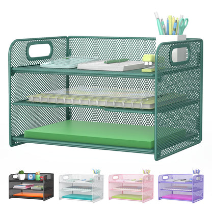 Samstar 3 Tier Letter Tray Paper Organizer with Handle, Mesh Desk Organizer Paper Sorter File Rack Shelves, Black
