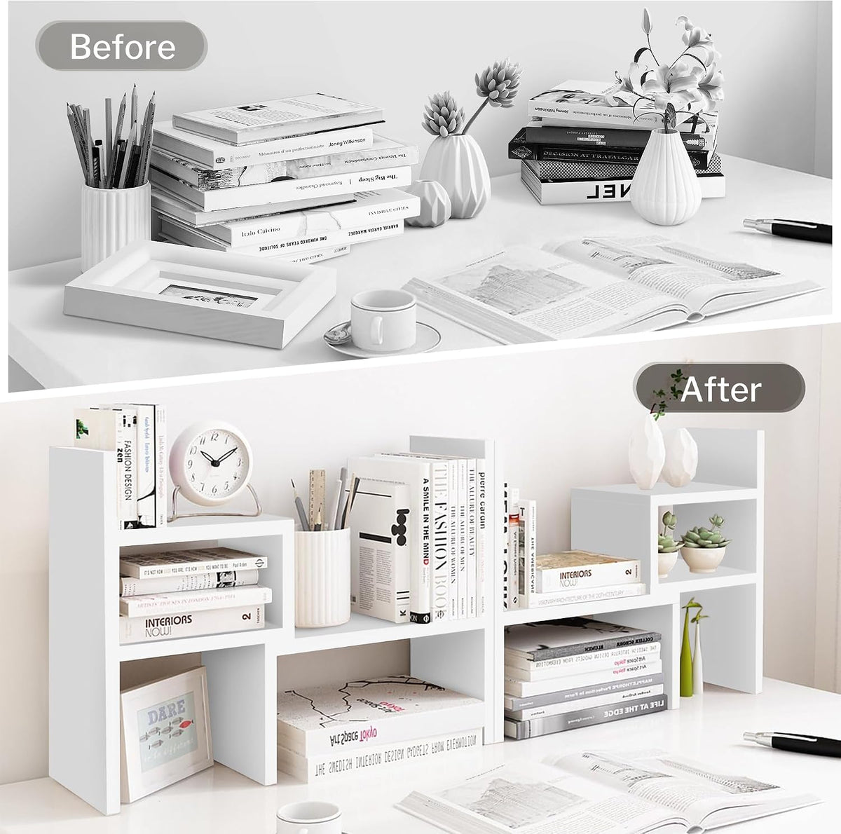 Jerry & Maggie - Desktop Organizer Office Storage Rack Adjustable Wood Display Shelf | Birthday Gifts - Toy - Home Decor | - Free Style Rotation Display - True Natural Stand Shelf (White)