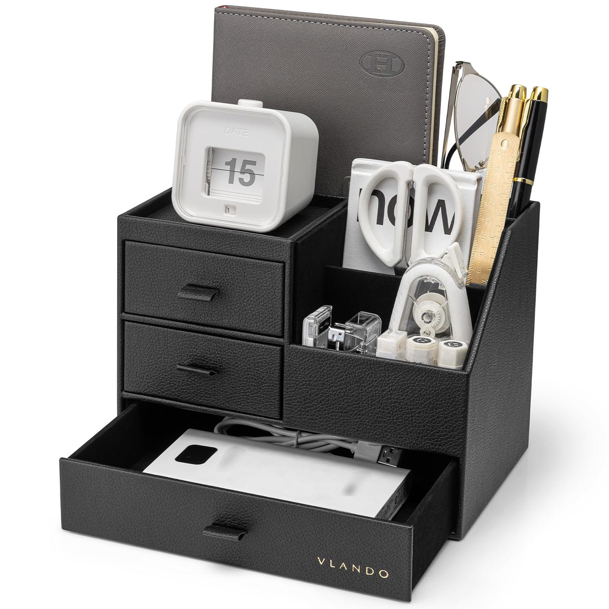 VLANDO Desk Organizer,PU Leather Office Storage with Compartments,Beige
