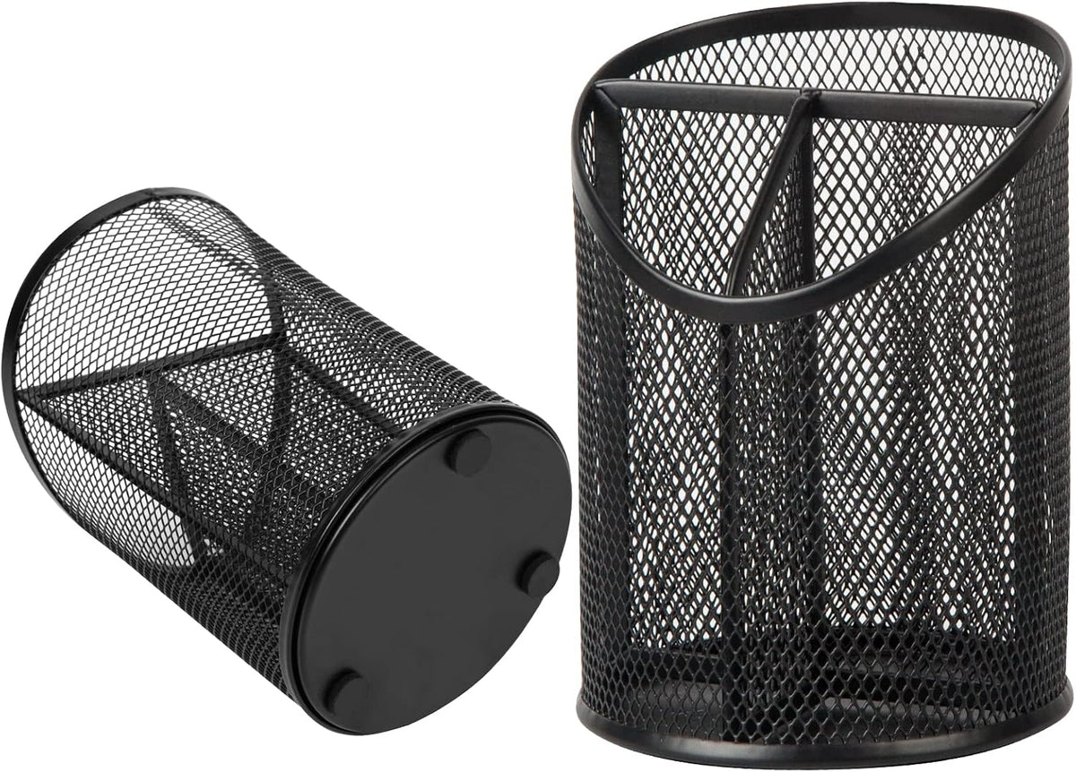 Delifox 2 Pack Pen Holder Mesh Round Pencil Holder 3 Compartments, Black