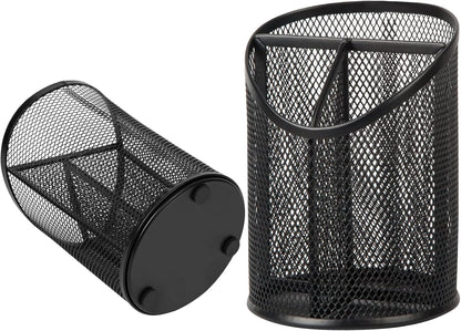 Delifox 2 Pack Pen Holder Mesh Round Pencil Holder 3 Compartments, Black