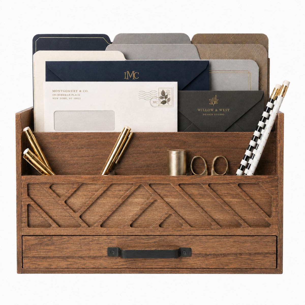 BLU MONACO | Wooden Mail Organizer with Drawer | Mail Organizer Countertop with 6 Compartments | Bill Holder for Desk | White Desktop Mail Sorter