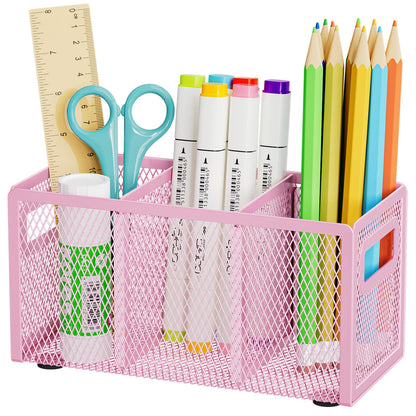 Marbrasse Mesh Pen Holder for Desk, Pencil Holder Desk Organizer 3 Adjustable Compartments, Pencil Cup with Handle Perfect for Classroom, Office, Home, Makeup, Art (Black)
