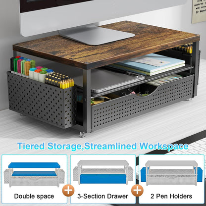 gianotter Desk Organizers and Accessories, Monitor Stand with Drawer and 2 Pen Holder, Desktop Organizer Suitable for Offices and Dormitories (Wood)
