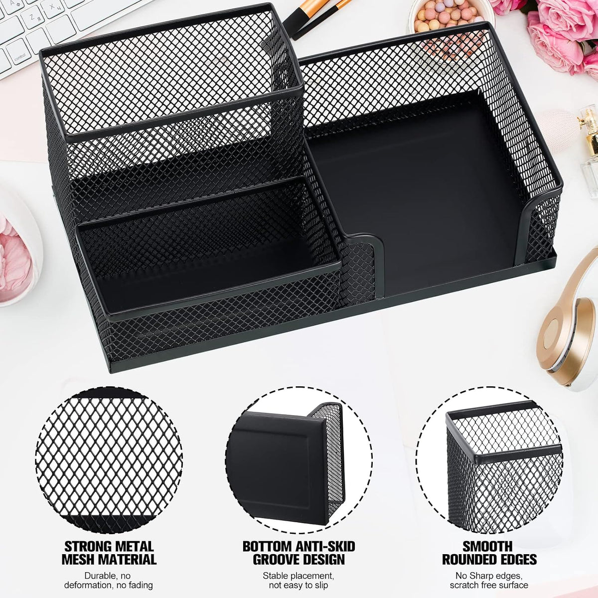 Ferraycle 4 Pcs Mesh Desk Organizer 3 Compartments Mesh Metal Pen Holder
