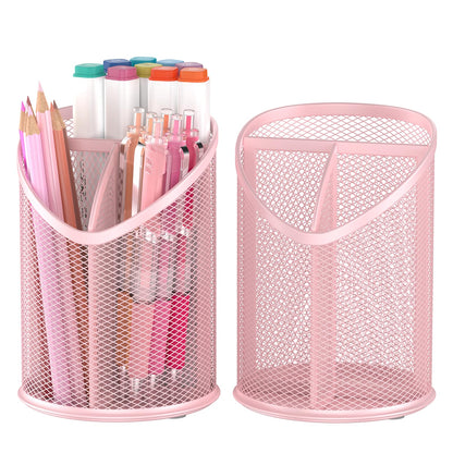 Delifox 2 Pack Pen Holder Mesh Round Pencil Holder 3 Compartments, Black