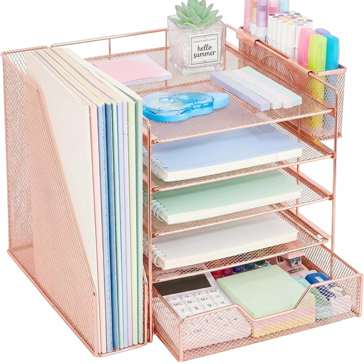 5-Tier Desk File Organizer with Drawer & Pen Holder (Black)