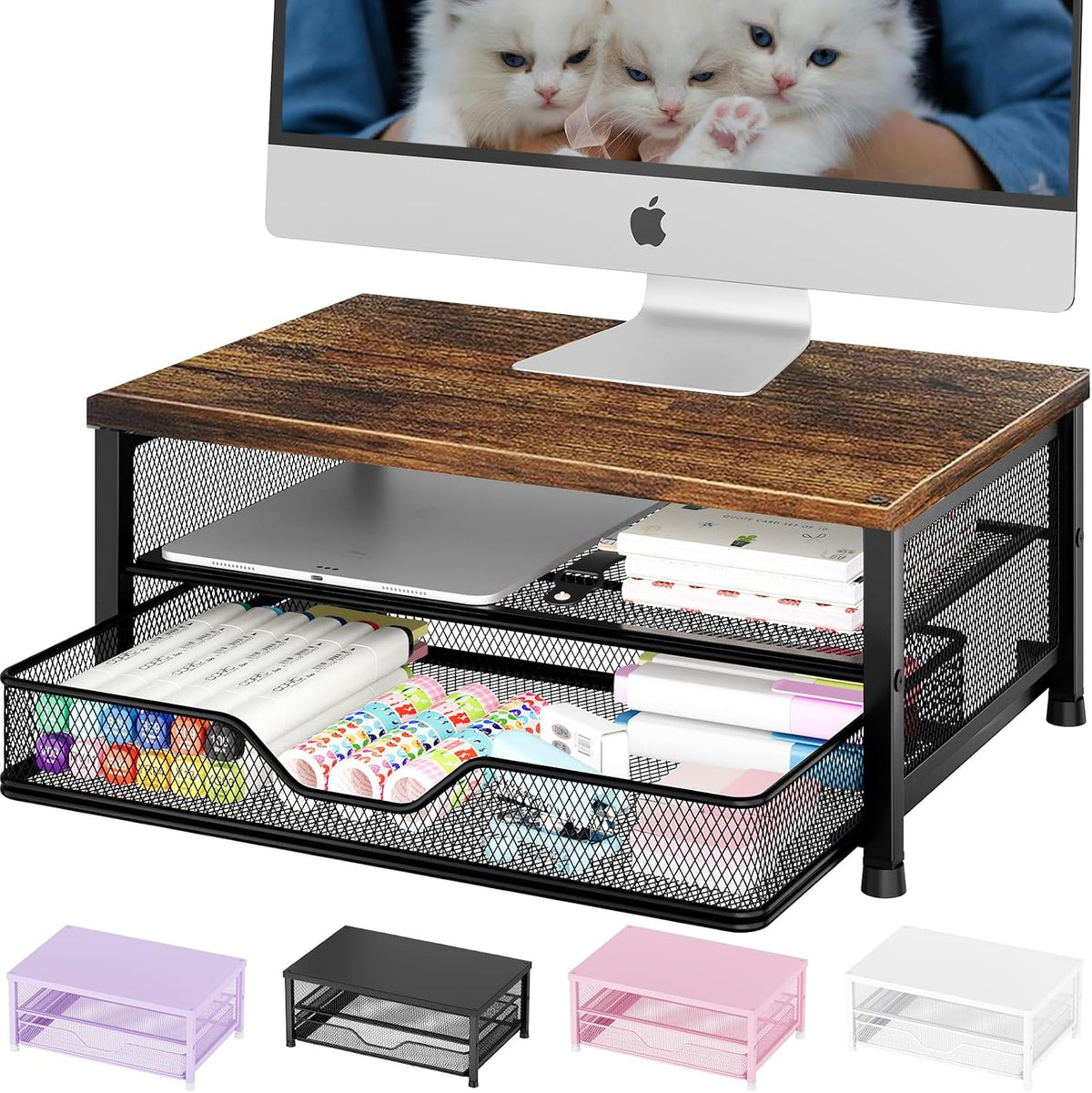 OPNICE Computer Monitor Stand Riser, Desk Organizer with Drawer, Printer & Laptop Stand, Office Desk Accessories & Workspace Desktop Organizers Storage for Office Supplies(Brown)