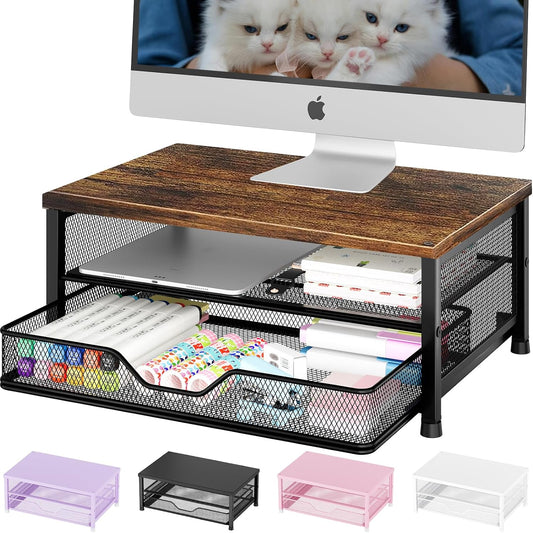 OPNICE Computer Monitor Stand Riser, Desk Organizer with Drawer, Printer & Laptop Stand, Office Desk Accessories & Workspace Desktop Organizers Storage for Office Supplies(Brown)