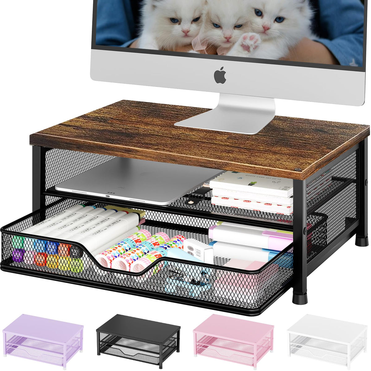 OPNICE Computer Monitor Stand Riser, Desk Organizer with Drawer, Printer & Laptop Stand, Office Desk Accessories & Workspace Desktop Organizers Storage for Office Supplies(Brown)