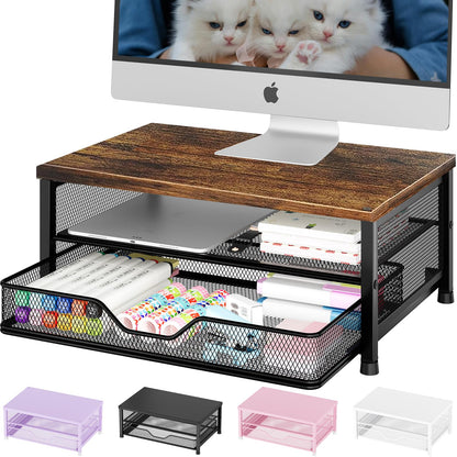 OPNICE Computer Monitor Stand Riser, Desk Organizer with Drawer, Printer & Laptop Stand, Office Desk Accessories & Workspace Desktop Organizers Storage for Office Supplies(Brown)
