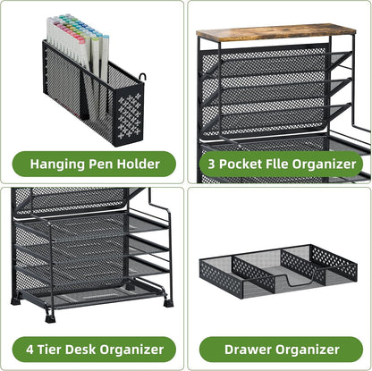 Ekisemio 8 Tier Desk File Organizer with Sliding Drawer, Desktop Organizers and Accessories, Letter Size File Organizer for Desk, Black
