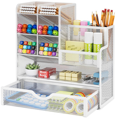Marbrasse Mesh Pen Holder for Desk, Multi-Functional Pencil Organizer with Drawer, Desk Organizers and Accessories for Office Art Supplies (Black)
