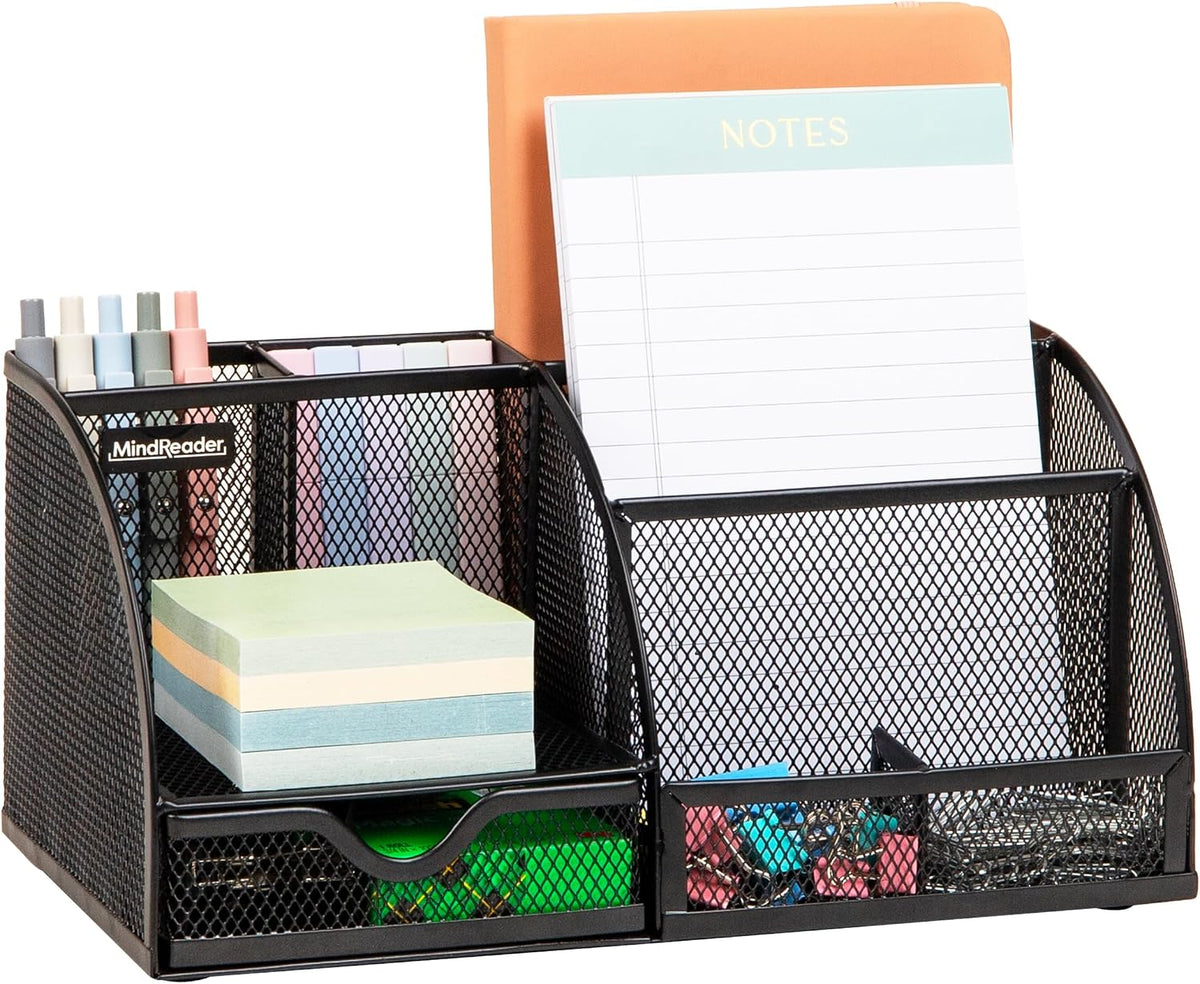 Mind Reader 7-Compartment Desktop Organizer, Metal Mesh Desk Organizer for Pens, Sticky Notes, Mail and Office Supplies, Black