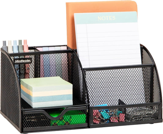 Mind Reader 7-Compartment Desktop Organizer, Metal Mesh Desk Organizer for Pens, Sticky Notes, Mail and Office Supplies, Black