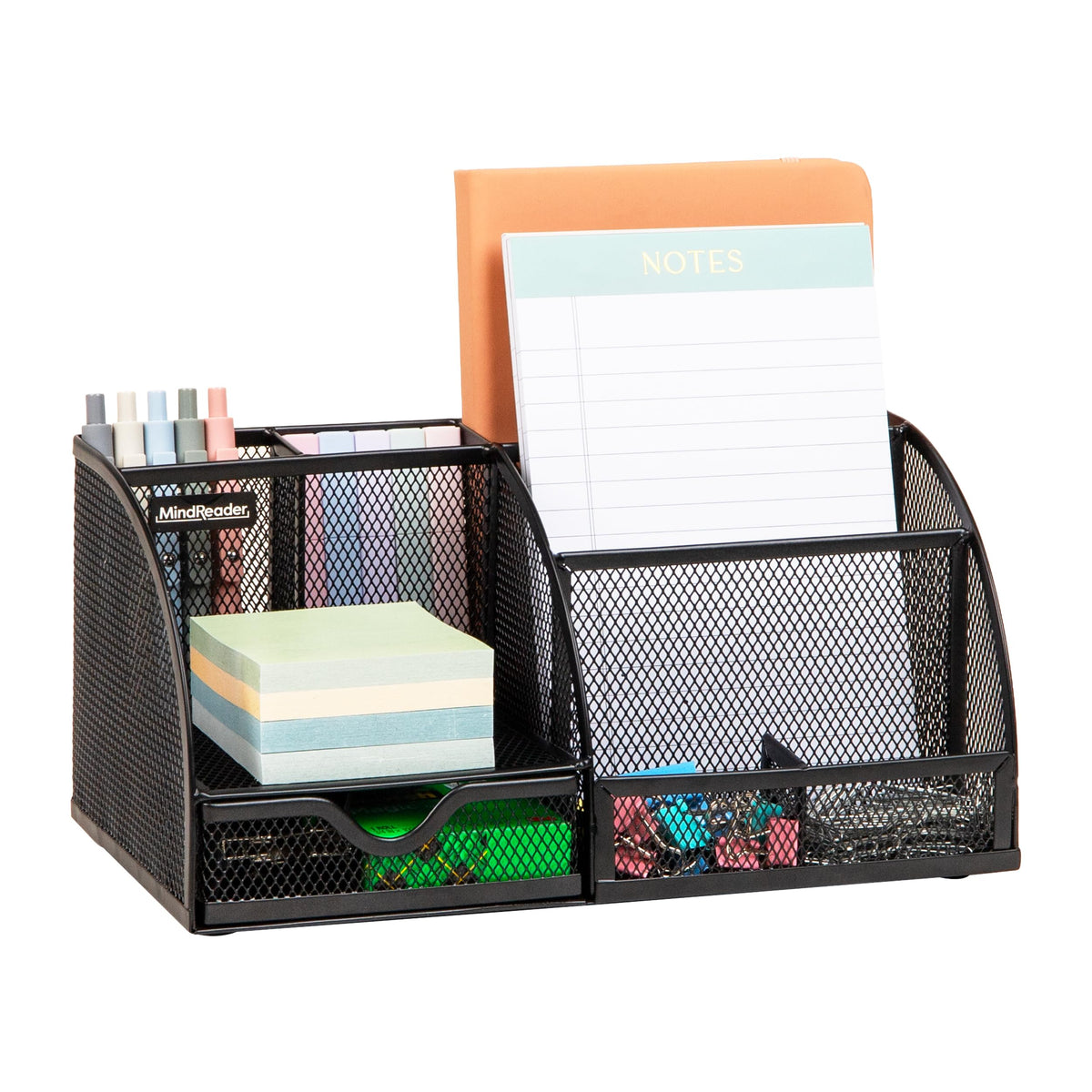 Mind Reader 7-Compartment Desktop Organizer, Metal Mesh Desk Organizer for Pens, Sticky Notes, Mail and Office Supplies, Black