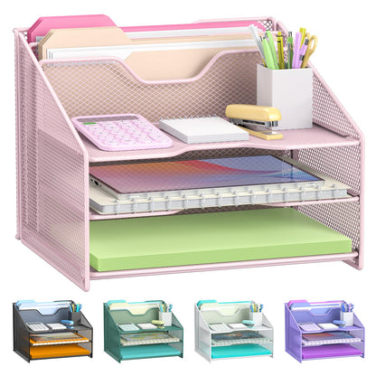 Samstar Desk File Organizer, Mesh Letter File Folder Holder with 3 Paper Trays and 2 Vertical Upright Section, for Office Supplies,Desk Accessories & Workspace,Black.
