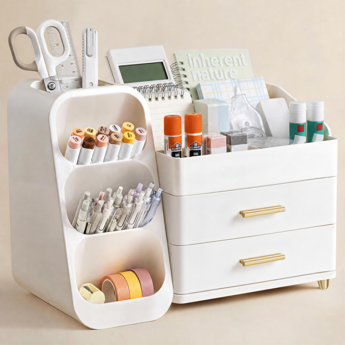 HBlife Desk Organizer with Pen Pencil Holder for Desk, Pen Organizer with 2 Drawers, Desk Organizers and Accessories with 4 Compartments, Desktop Storage for Office Home School Art Supplies, White