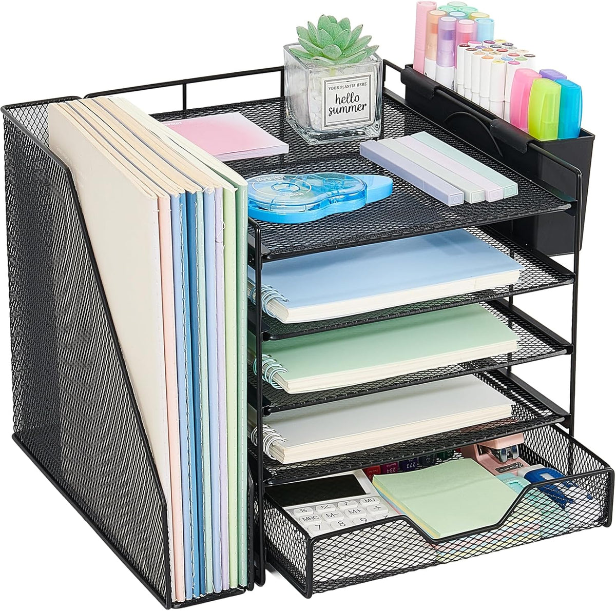 5-Tier Desk File Organizer with Drawer & Pen Holder (Black)