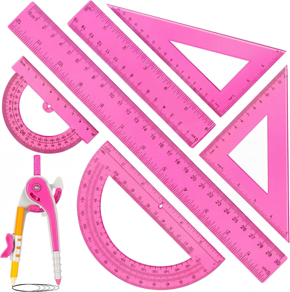 Zonon 7 Pcs Geometry Math Set with Compass Protractor Rulers, Pink