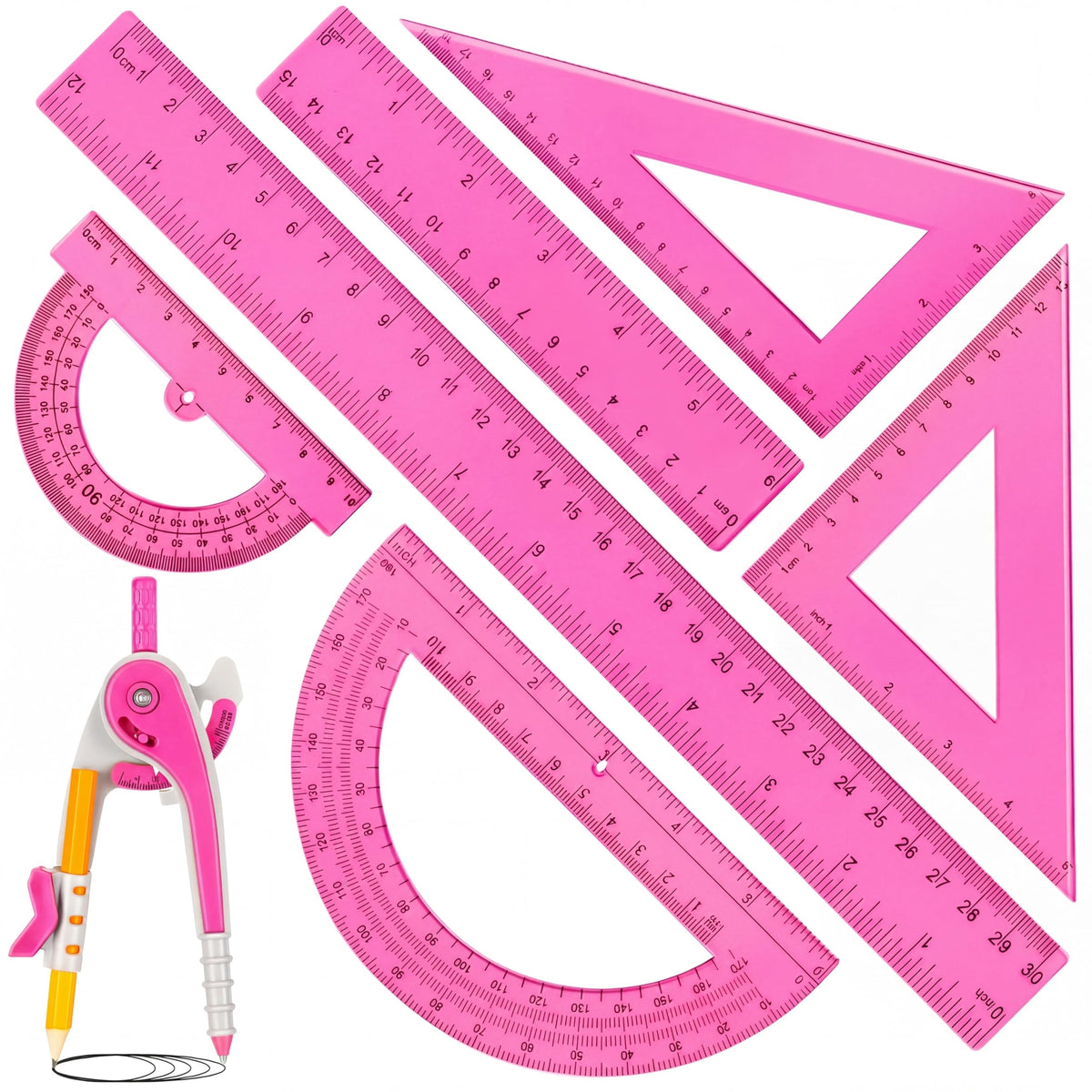 Zonon 7 Pcs Geometry Math Set with Compass Protractor Rulers, Pink