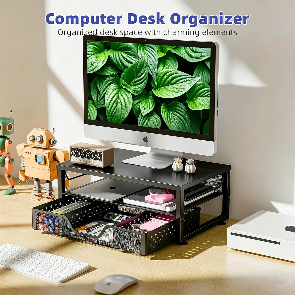 Simple Trending Monitor Stand Riser, Laptop Stand, Desktop Drawer, Black