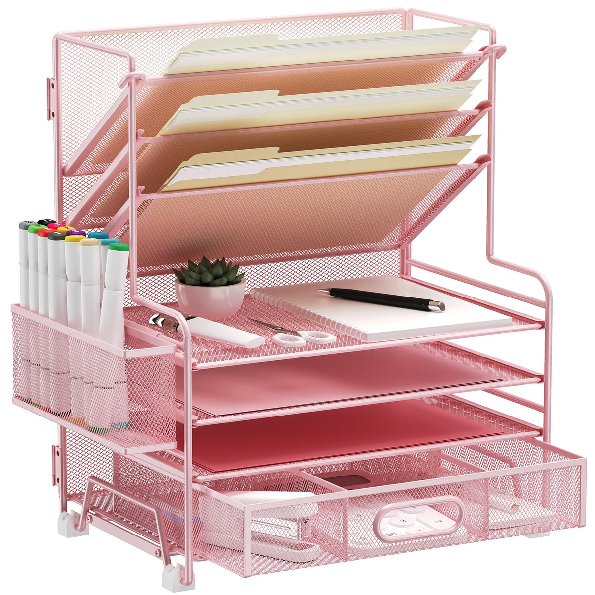 MINDEPOT 4-Tier Paper Organizer + 3-Pocket File Holder + Drawer + Pen Holders, Desktop File Organizers Paper Tray for Office Accessories School Classroom Organization (Black)