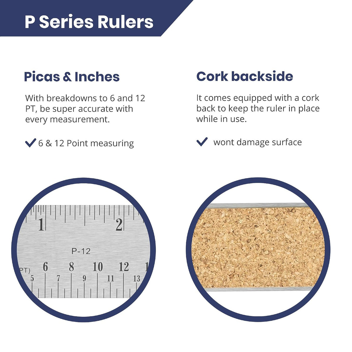 Pacific Arc Stainless Steel Ruler with Inch and Pica Measurements, 12 Inches Cork Backed