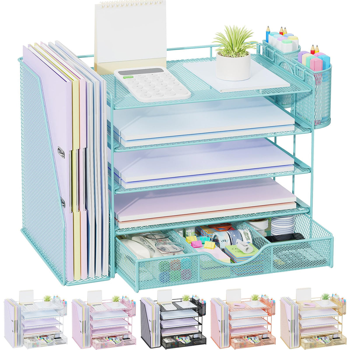 gianotter Desk Organizers and Accessories with File Holder, 4-Tier Desk Accessories & Workspace Organizers with Drawer and 2 Pen Holder, Paper Organizer for Office Supplies(Gold)